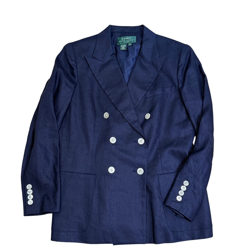 Lauren Ralph Lauren Skirt Suit Womens 12P Navy Blue Linen Double Breasted Blazer